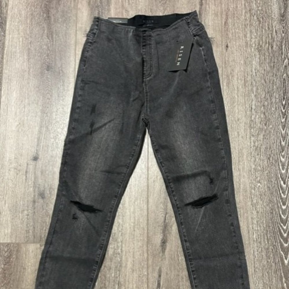 Risen High Rise Black Womens Distressed Pull On Skinny Jeans Brand New NWT